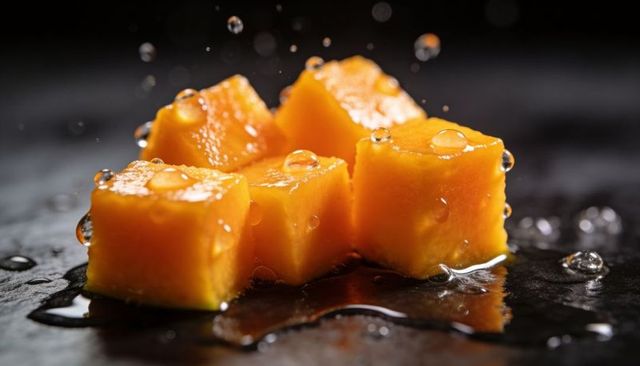 Glistening mango cubes with water droplets on dark surface macro closeup still life juicy