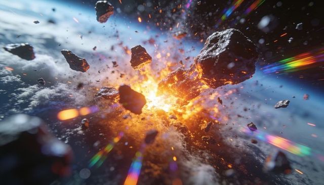 Exploding asteroid cluster over planet limb, fiery fireball ejecting hot debris and flares