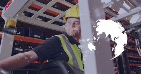 Sit-down forklift operator wearing hard hat and hi-vis vest checking warehouse racks