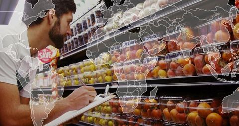 Grocery produce audit inspecting prepackaged fruit inventory with clipboard and notes