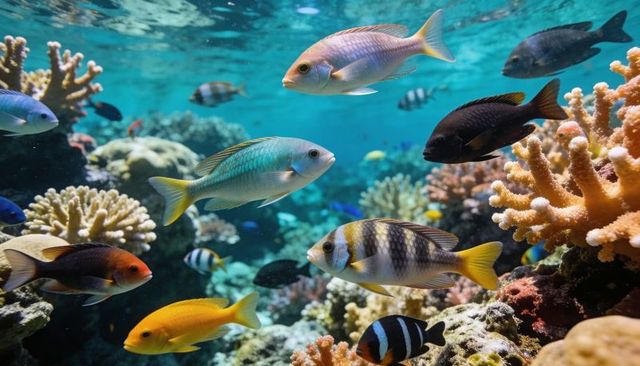 Colorful reef fish schooling over vibrant shallow coral reef with branching corals