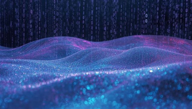 Futuristic digital waves with falling binary code