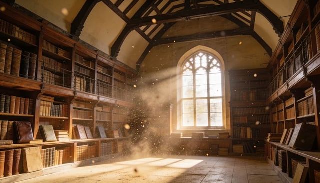 Gothic library sunbeams streaming through arched window lifting golden dust motes