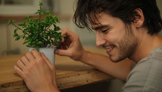 Bearded man caring for potted plant at wooden table smiling adjusting leaves plant care