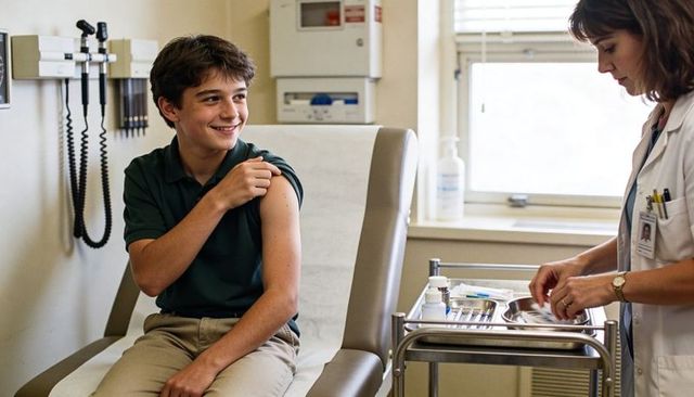 Smiling teen getting vaccination in clinic during routine checkup