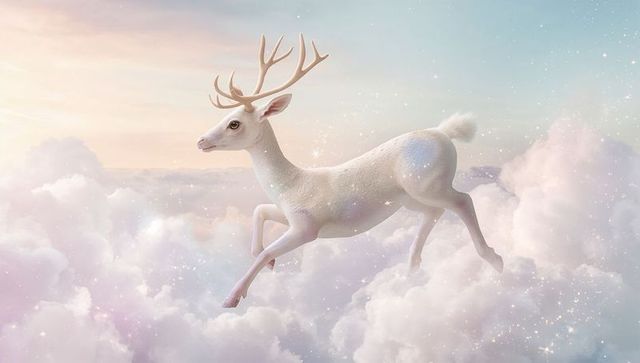 Bounding White Stag Floating Through Pastel Clouds With Sparkling Antlers, Iridescent Glow