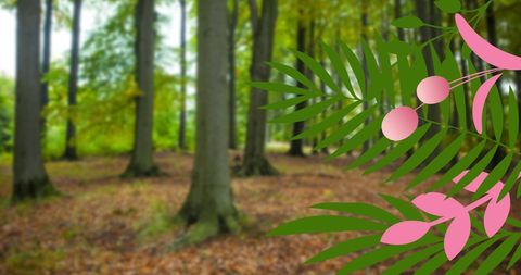 Lush forest with abstract pink foliage highlights