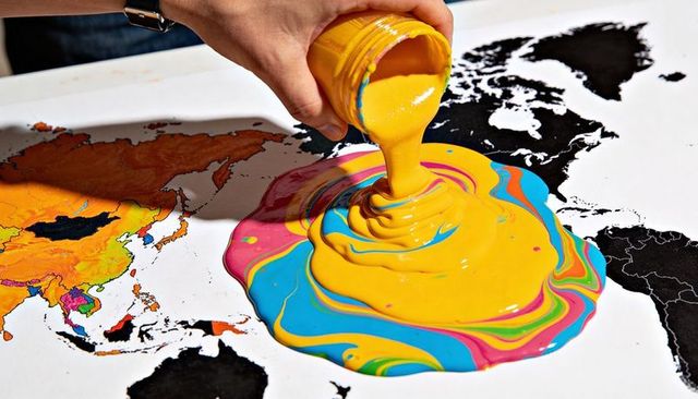 Pouring yellow paint forming multicolored swirl on world map for creative branding
