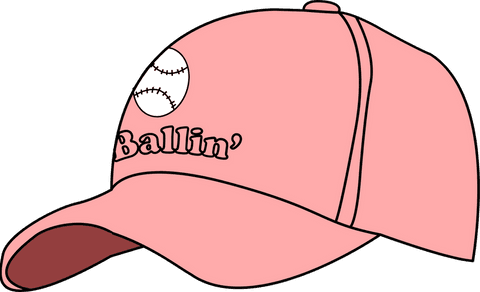 Pink baseball cap with ballin' text baseball graphic on transparent background
