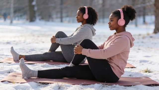 Two women stretching on yoga mats in snowy park wearing headphones and winter activewear