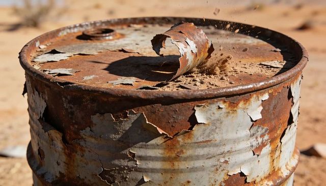 Rusted metal drum with peeling paint and curled lid strip on desert sand, weathered patina detail