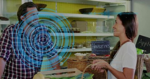 Augmented reality market interaction with vendor and customer inspecting fresh produce