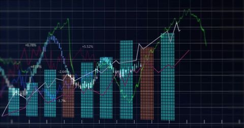 Financial dashboard with rising bar charts, multi-line stock trends and growth indicators