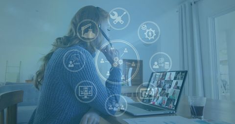 woman engaged in video conference with digital interface icons overlay - Download Free Stock Images Pikwizard.com