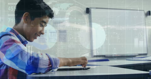 Boy Exploring Digital Security on Tablet in Classroom Setting