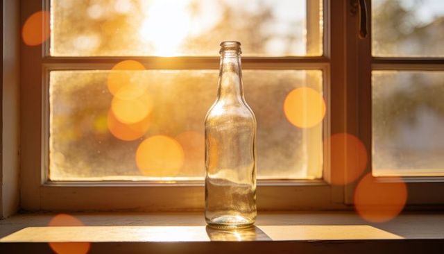 Empty glass bottle casting golden sunlight and bokeh on window sill during golden hour