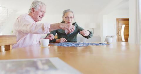 Senior couple enjoying relaxing puzzle activity