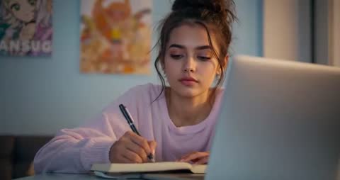 Student Takes Notes for Focused Home Study Session