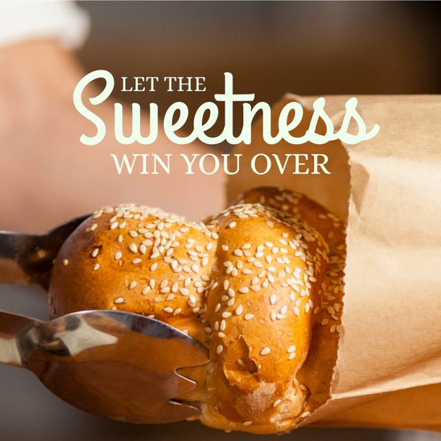 Pastry with sesame seeds being held by tongs, packaged in paper bag, accompanied by inspirational quote 'Let the Sweetness Win You Over'. Perfect for marketing materials, social media posts, bakery advertisements, and food blog visuals sharing themes of comfort, indulgence, and artisan baking.