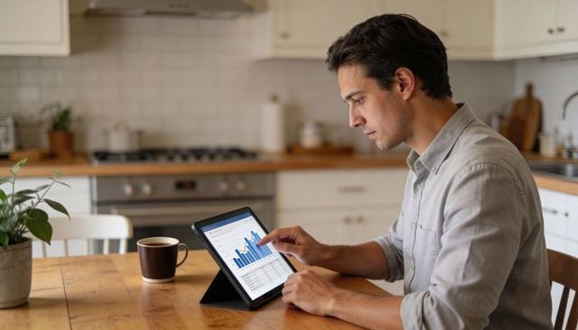 Remote analyst reviewing financial dashboard on tablet at home kitchen table with coffee