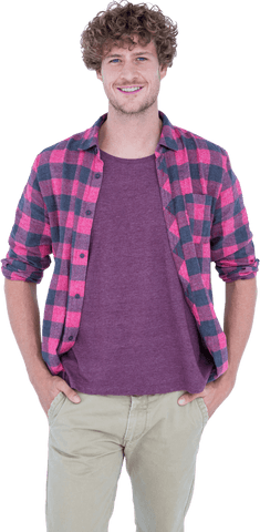 Casual Man Smiling Wearing Plaid Shirt Isolated on White