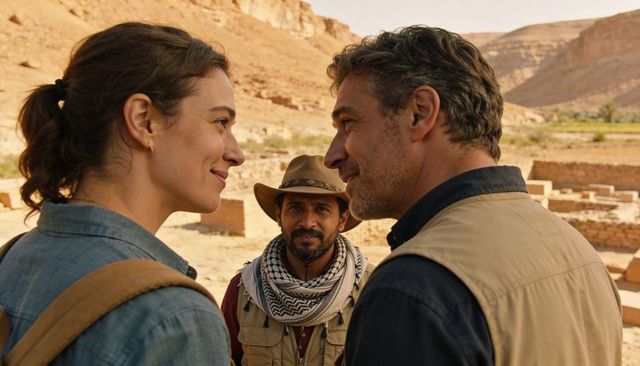 Smiling travelers exchanging looks in desert canyon ruins with local guide and backpacks