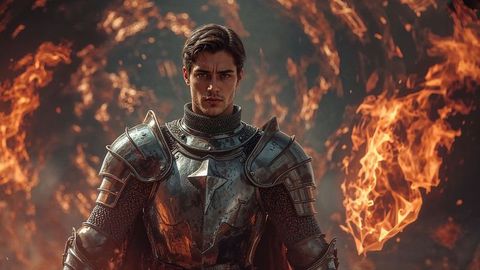 Valiant medieval knights standing amidst flames exuding strength and courage