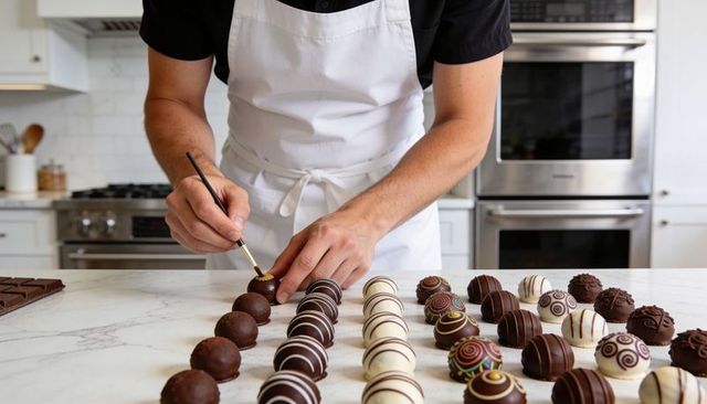 Pastry chef decorating gourmet chocolate truffles and bonbons on marble countertop