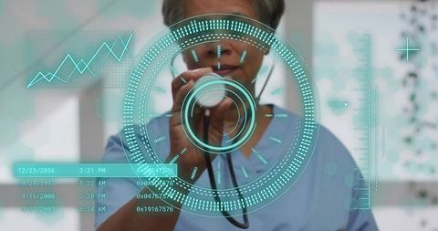 Clinician holding stethoscope viewing augmented reality medical hud with diagnostic data