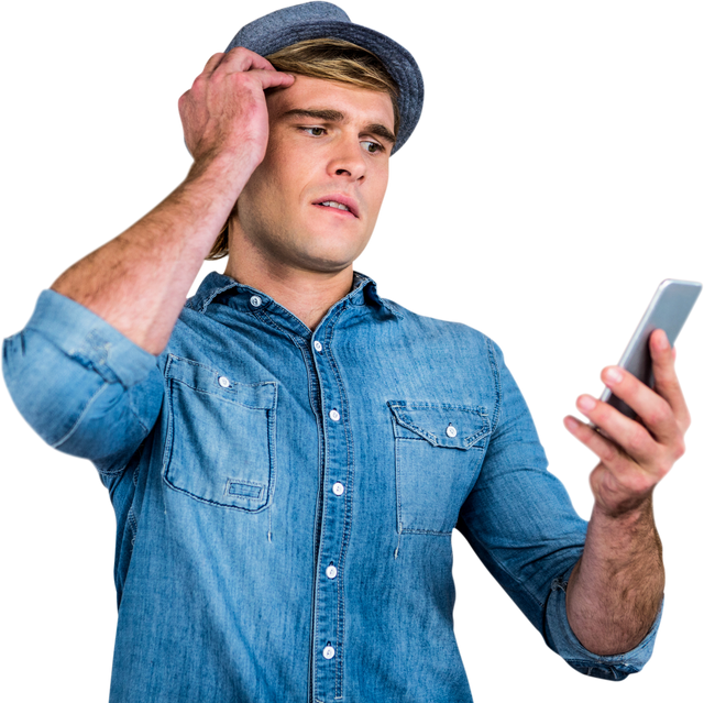 Stylish Individual in Denim Transparently Reacting to Smartphone Content - Download Free Stock Videos Pikwizard.com