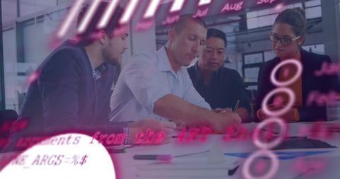 Corporate Team Analyzing Financial Data with Digital Overlay