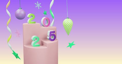 Colorful 2025 with Holiday Ornaments and Gradient Background