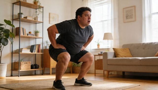 Man performing squats in living room home workout routine for beginners and busy adults