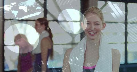 Woman in fitness studio with digital fitness technology overlay