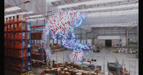 Glowing holographic skull hovering over warehouse fulfillment floor with workers ar hologram