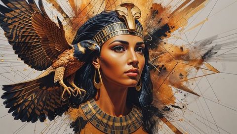 Regal ancient cleopatra with falcon in luxurious setting