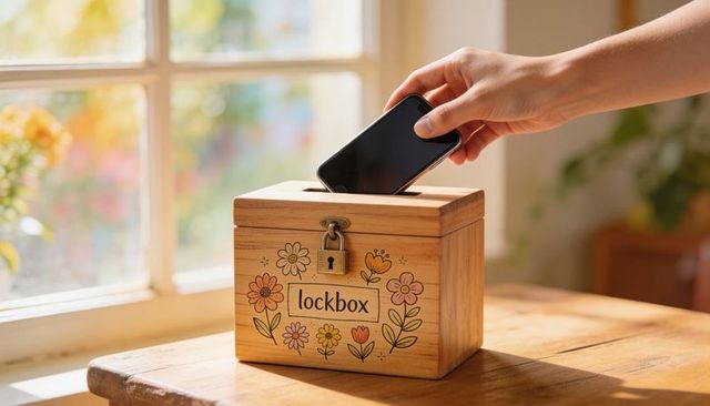 Hand placing smartphone into floral wooden lockbox by sunlit window for digital detox