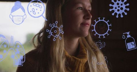 Woman enjoying coffee amidst covid-19 virus and safety icons
