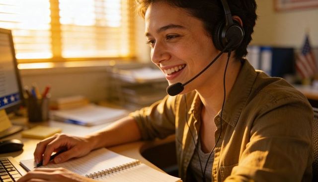 Smiling woman wearing headset writing in notebook while working remotely in sunlit office