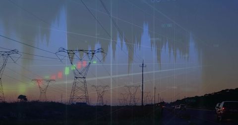 Stretching power pylons at dusk overlaying energy market charts and highway traffic