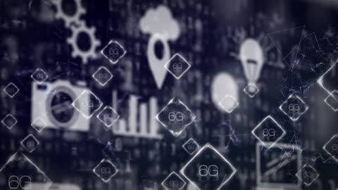 Innovative Technology Icons Overlay on Binary Code