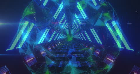 Futuristic Plexus Globe in Neon Tunnel Background