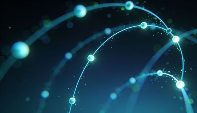 Glowing cyan orbs on arcing neon trails with particle bokeh and dynamic energy sparks