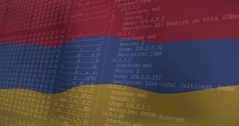 Armenian Tricolor Overlaying Terminal Hex Dump and IP Logs for Cybersecurity Concept
