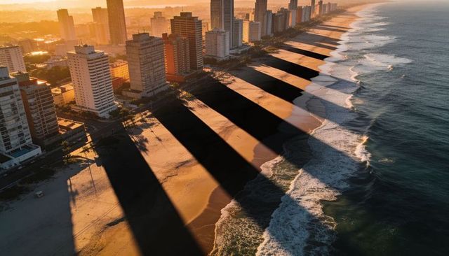 Golden sunrise casting dramatic skyscraper shadows along urban beachfront skyline