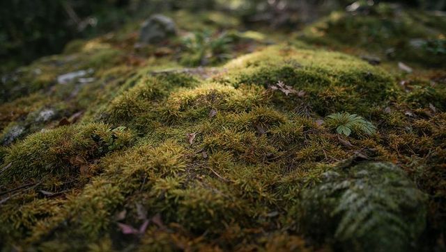 Moss forming textured carpet on temperate forest floor with fern frond and leaf litter