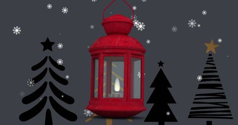Festive Red Lantern with Falling Snowflakes and Christmas Trees