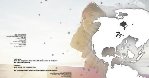 Woman holding smartphone and pink board on beach talking with global digital map overlay