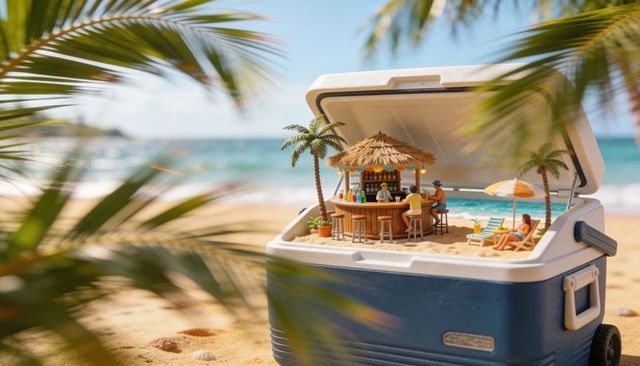 Portable cooler transforming into miniature tiki bar with sunbathing figures and palm trees