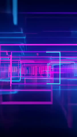Vertical neon wireframe tunnel shifting through glossy corridor for motion backgrounds